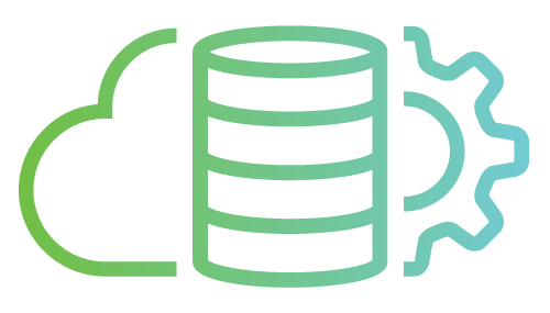Cloud, database cylinder, and gear icons in green gradient.