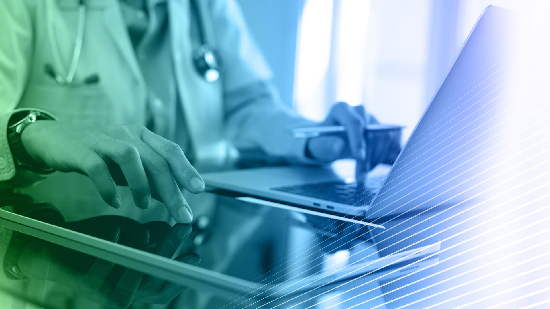 Doctor using laptop and tablet, stethoscope visible, overlaid with a blue and green digital gradient.