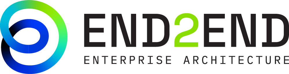 Logo for End2End Enterprise Architecture, featuring a blue-to-green gradient infinity loop symbol next to the company name.