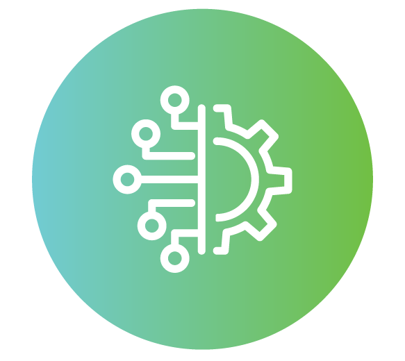 White gear and circuit board design in a green and blue circle.