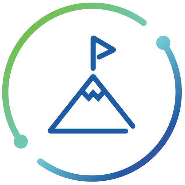 Blue mountain with a flag at the top, surrounded by a green and blue circular design.