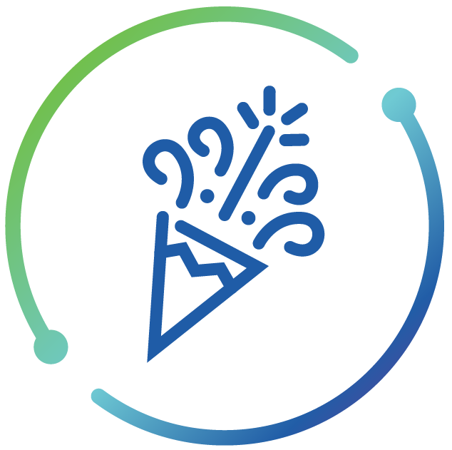 Blue party popper with celebratory streamers within a green and blue ring.