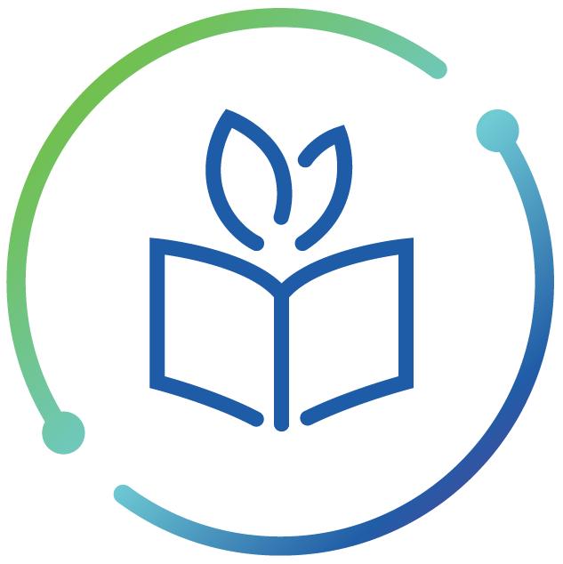 Blue open book with green leaves inside a green and blue circular design.