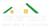 Logo for Keystone Roofing & Exteriors: white house outline with green roof, yellow windows, and company name.