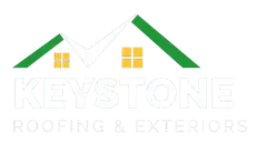 Logo for Keystone Roofing & Exteriors: white house outline with green roof, yellow windows, and company name.