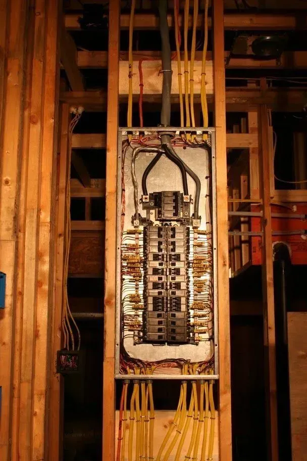 A large electrical box is hanging from a wooden wall.