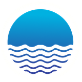 SaltWave logo, a circle with waves on the bottom half, and a blue sky on the top half.