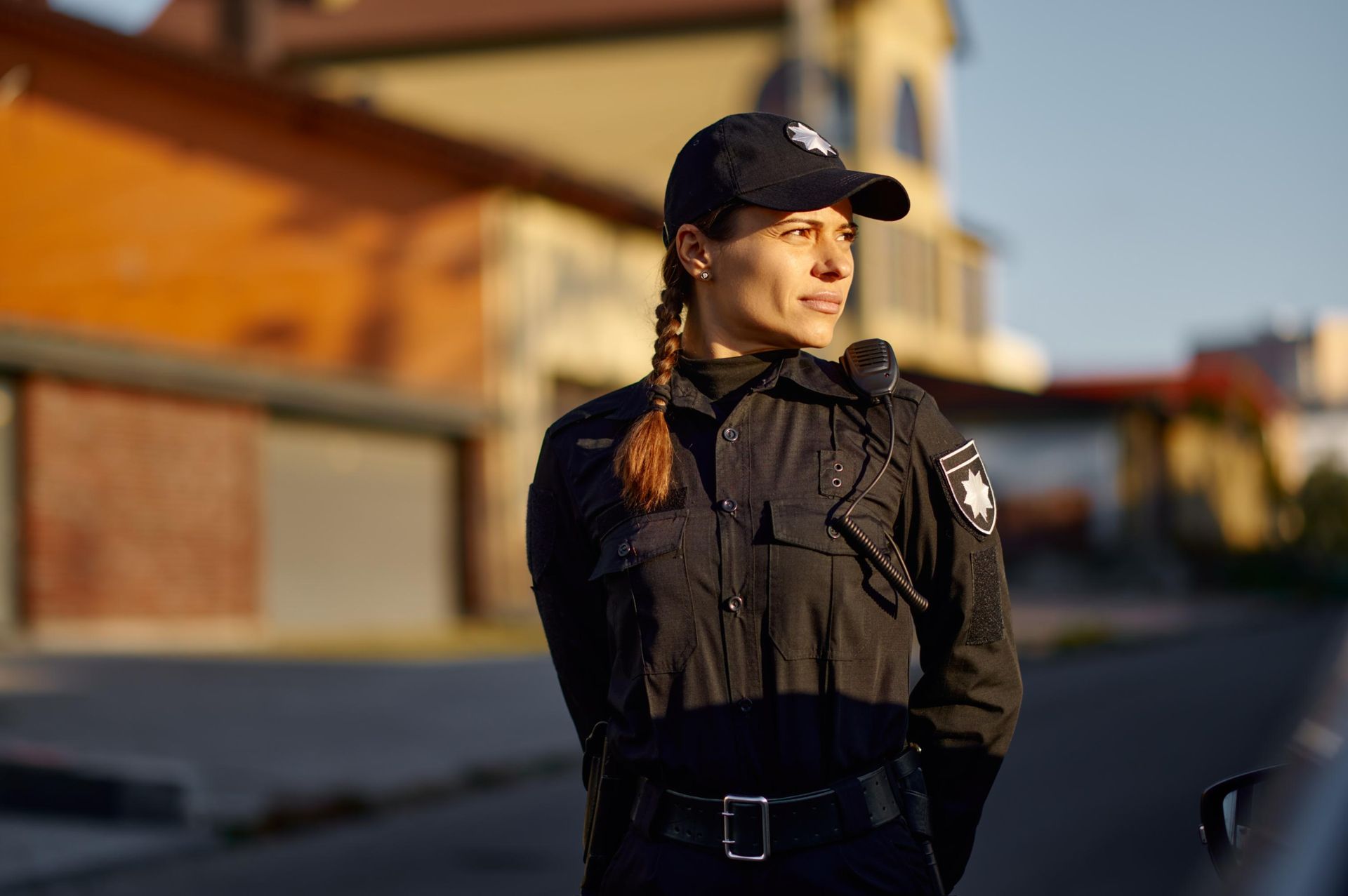 Police officer in dark uniform, cap, and braid, looking off, outside near buildings.