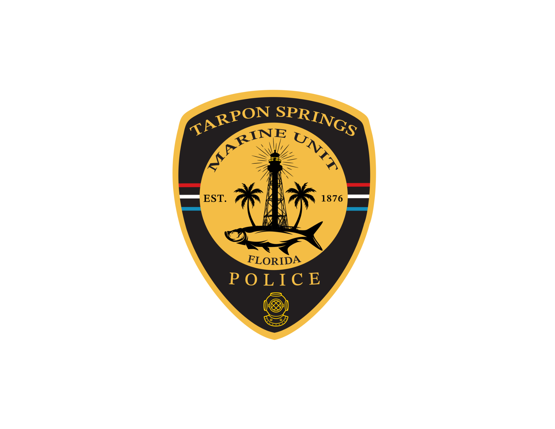 The Tarpon Springs Police Marine Unit badge featuring a lighthouse, palm trees, and a fish on a gold and black shield.