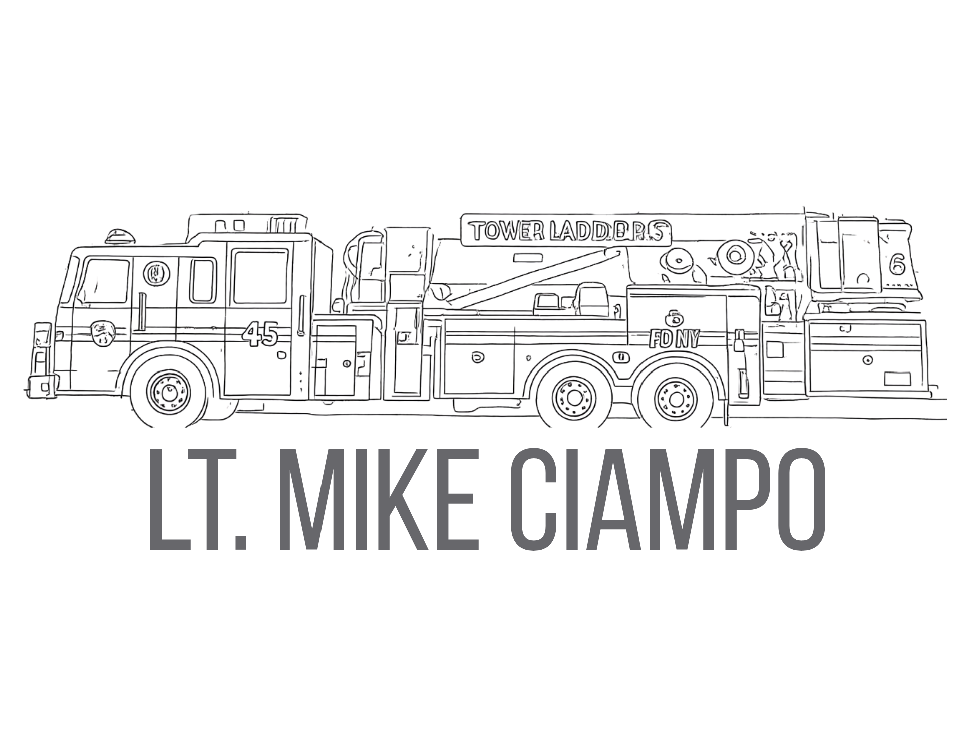 A black and white line drawing of a fire truck with the text 