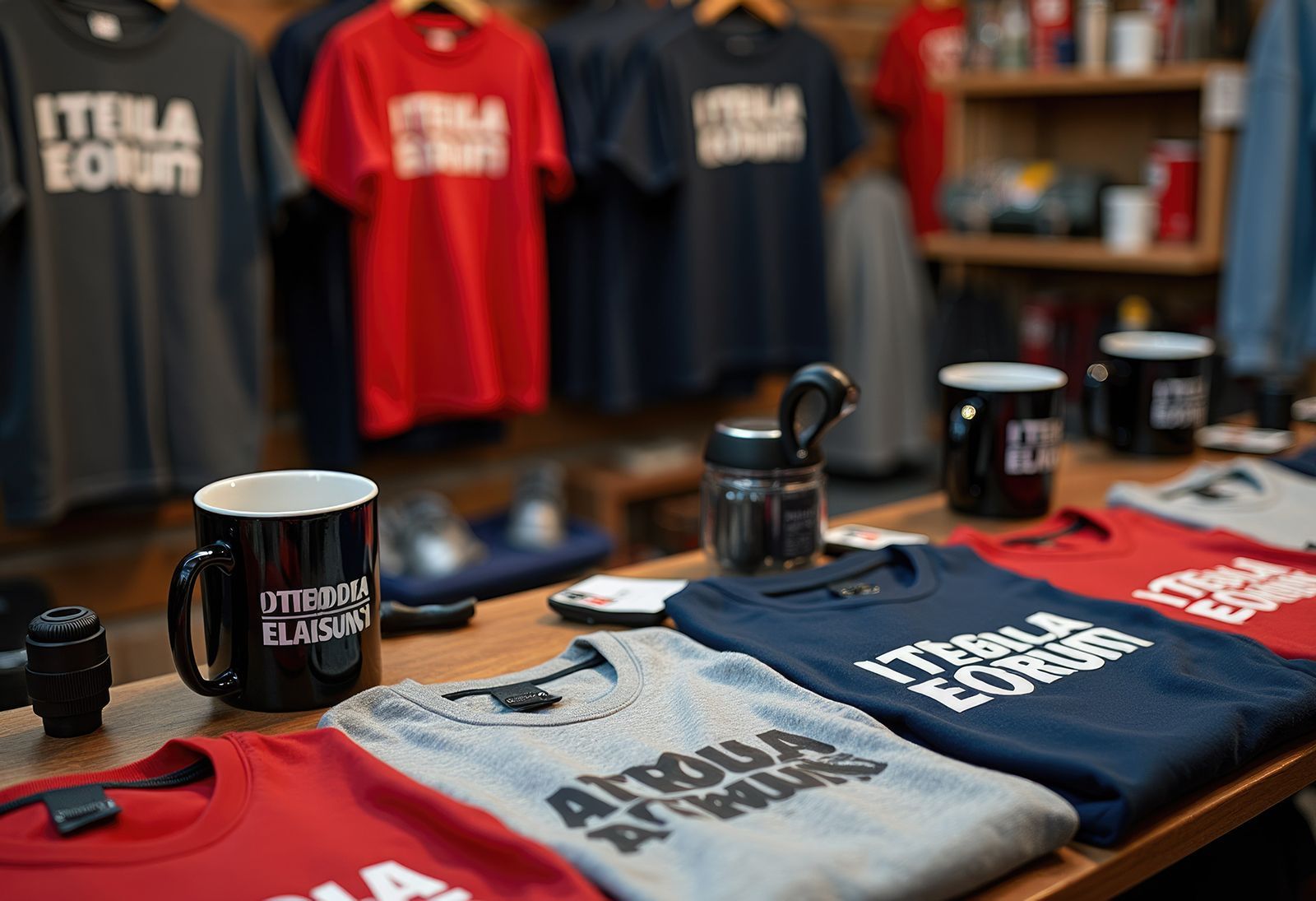 Exhibición en un establecimiento comercial con camisetas y tazas con la inscripción