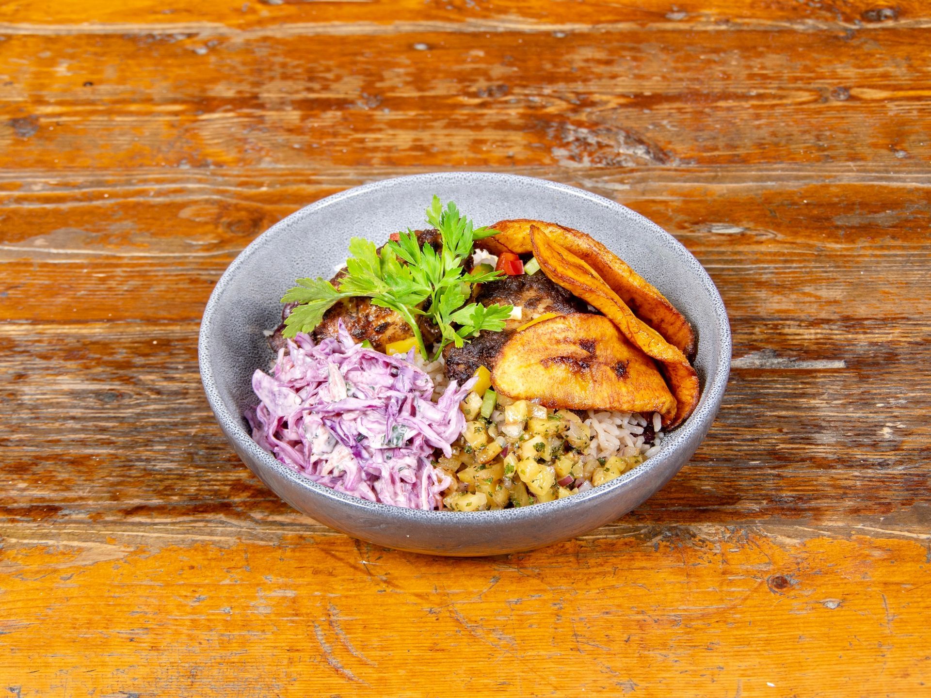 Plate of Caribbean style food in Exeter, Devon