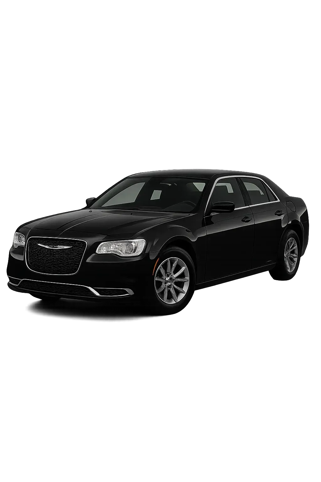 Black Chrysler 300 sedan, angled from the front, on a white background.