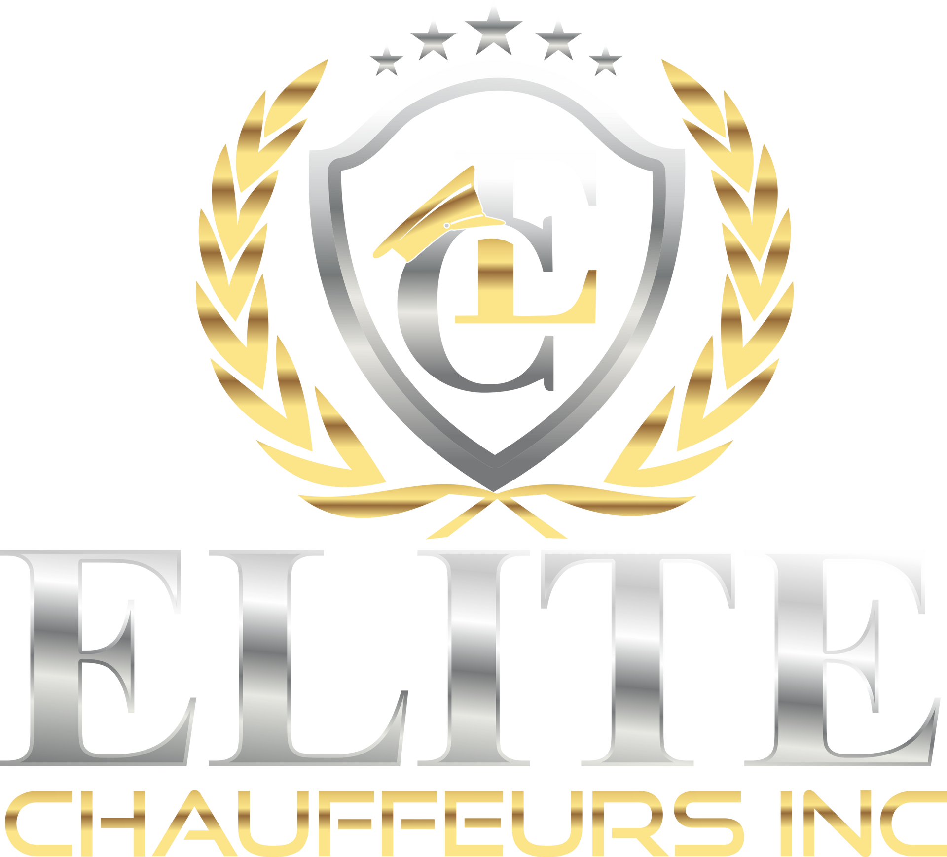 Logo for Elite Chauffeurs Inc: silver text, shield with