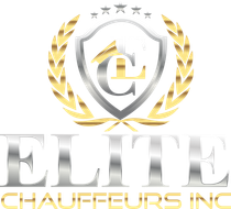 Logo for Elite Chauffeurs Inc: silver text, shield with