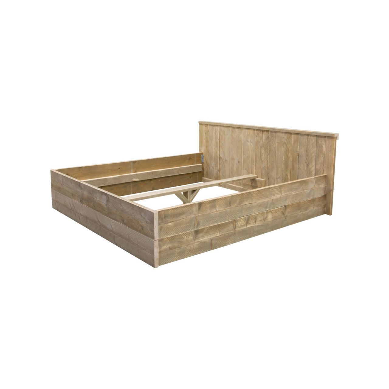 Steigerhouten bedframe met horizontale lattenbodem, hoofdbord en zwarte middensteun
