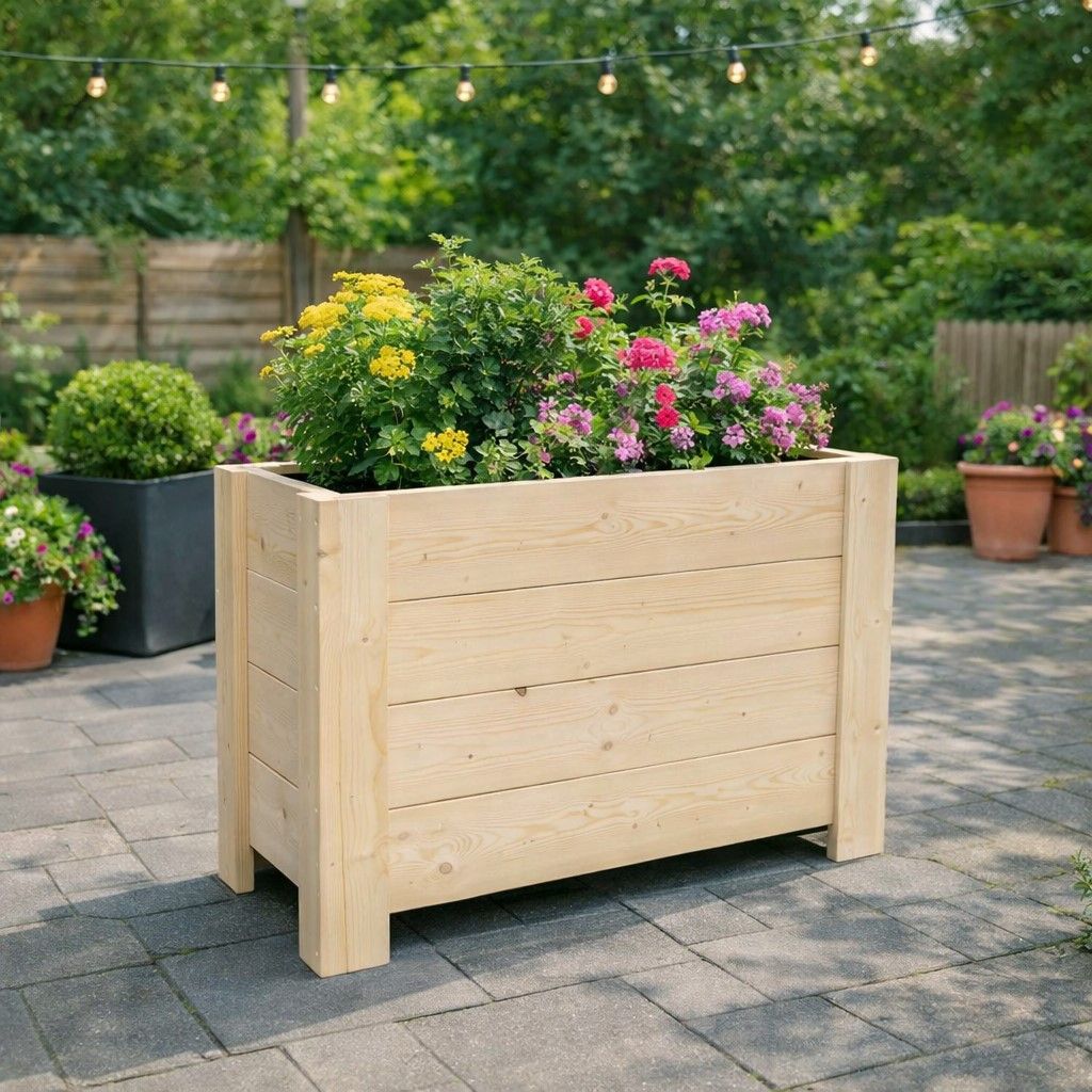 Houten plantenbak gevuld met gele, roze en groene bloemen op een stenen terras.