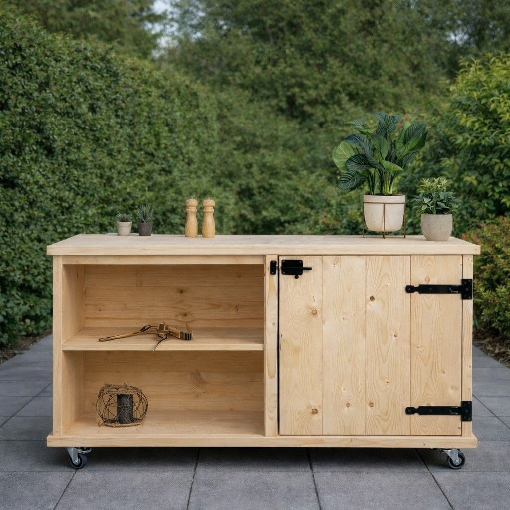 Een lichte houten buitenkast met planken, wielen, deuren en potplanten erop, tegen een groene heg.