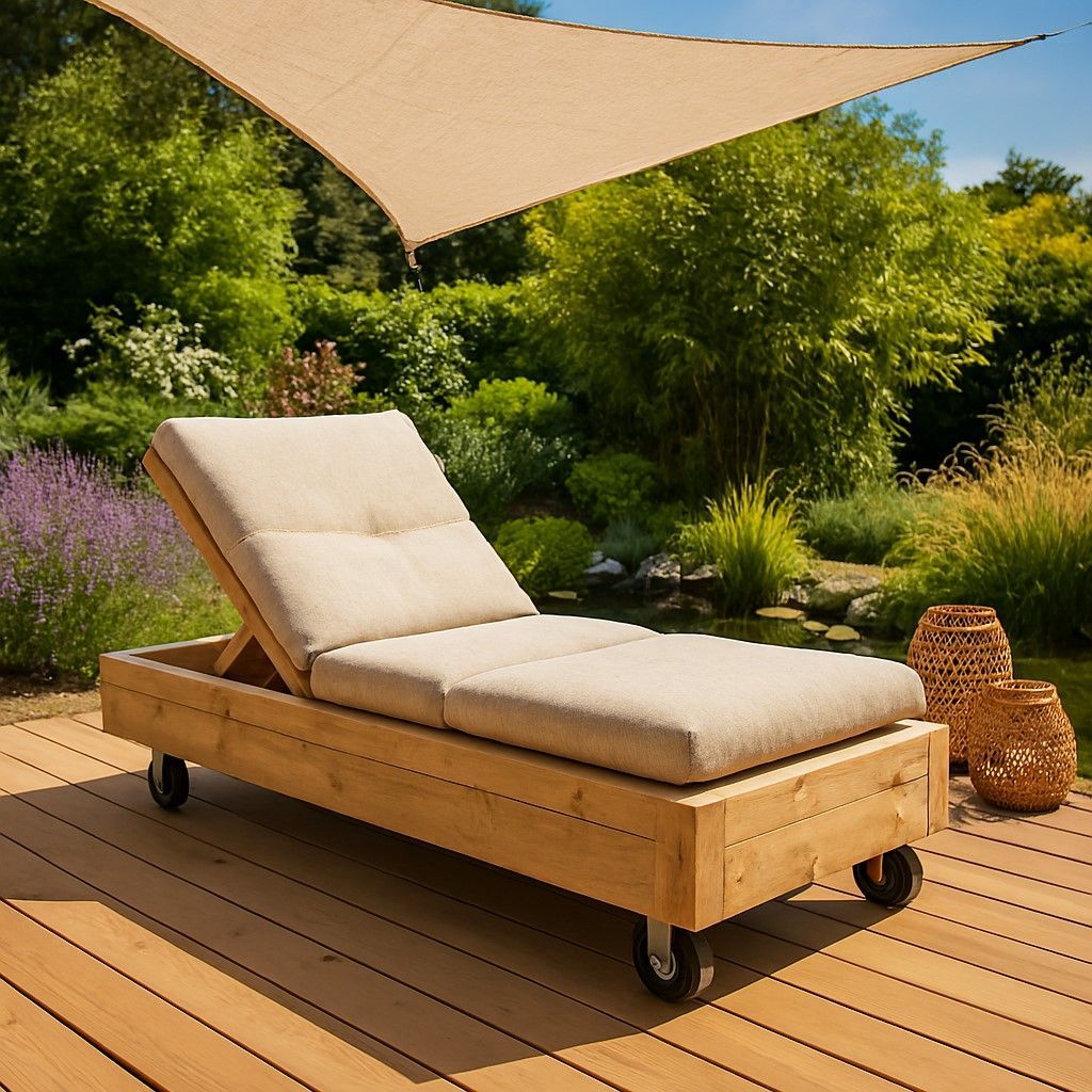 Steigerhouten ligbed in naturel houtkleur, geplaatst in een zonnige tuin, met een robuust en rustiek ontwerp dat uitnodigt tot ontspannen loungen.