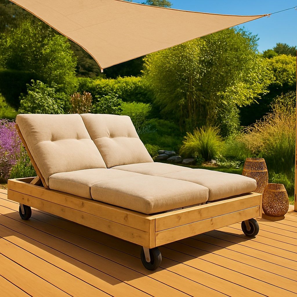 Steigerhouten ligbed voor 2 personen in naturel houtkleur, geplaatst in een zonnige tuin.
