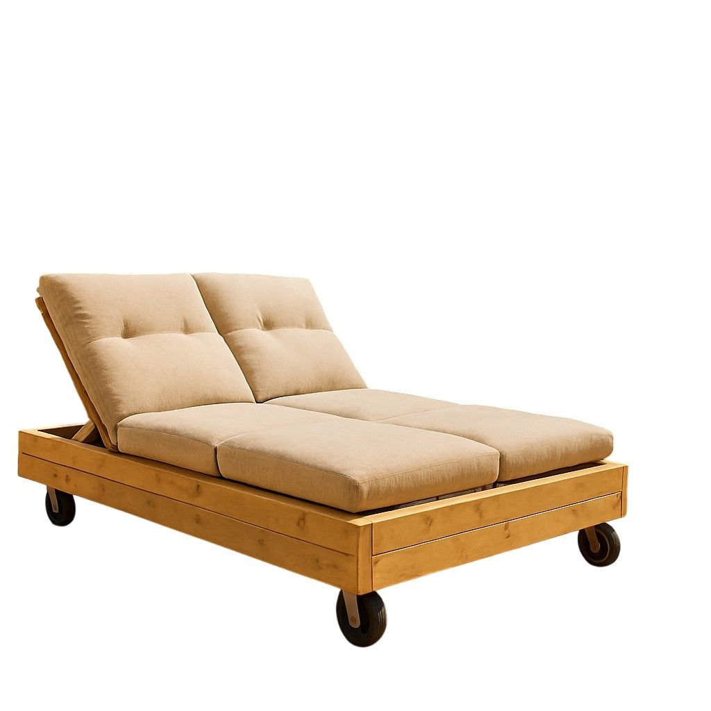 Steigerhouten ligbed voor 2 personen in naturel houtkleur, geplaatst in een zonnige tuin.