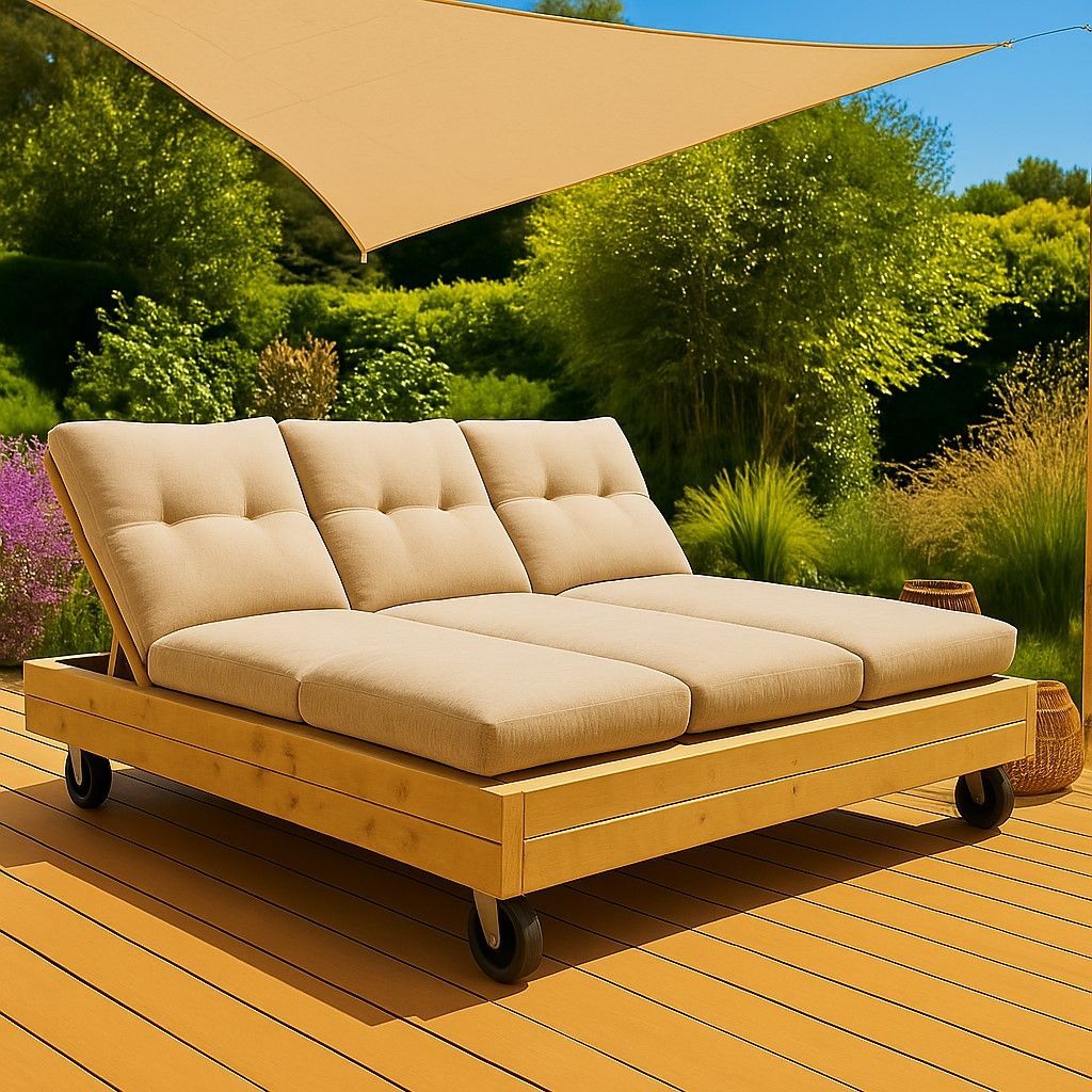 Steigerhouten ligbed voor 3 personen in naturel houtkleur, geplaatst in een zonnige tuin.
