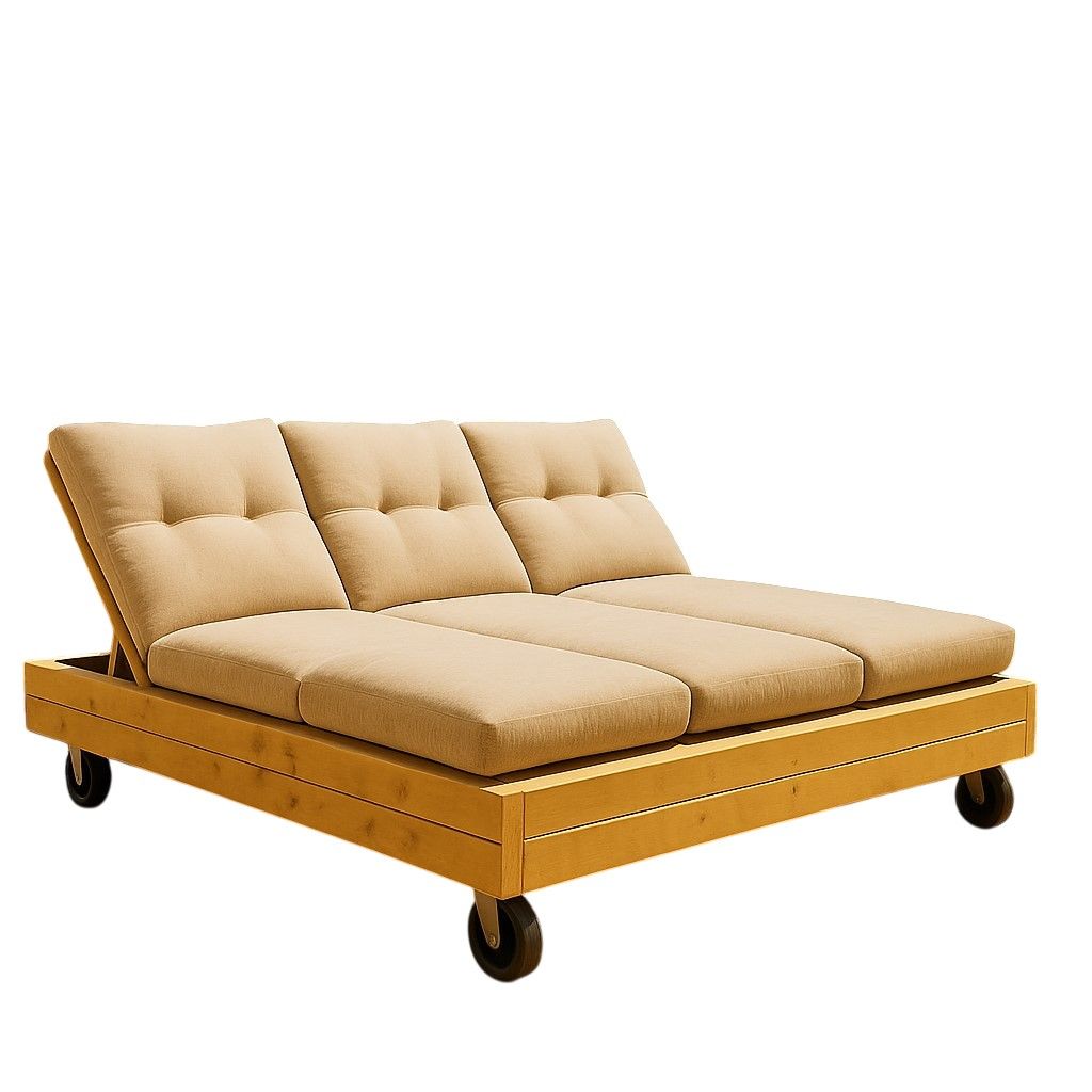 Steigerhouten ligbed voor 3 personen in naturel houtkleur, geplaatst in een zonnige tuin.