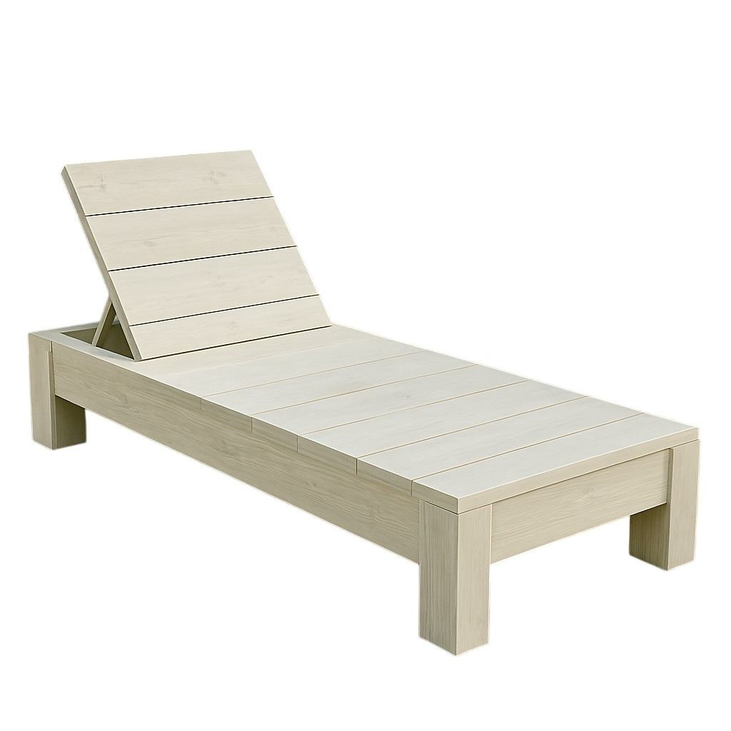 Steigerhouten ligbed in naturel houtkleur, geplaatst in een zonnige tuin, met een robuust en rustiek ontwerp dat uitnodigt tot ontspannen loungen.