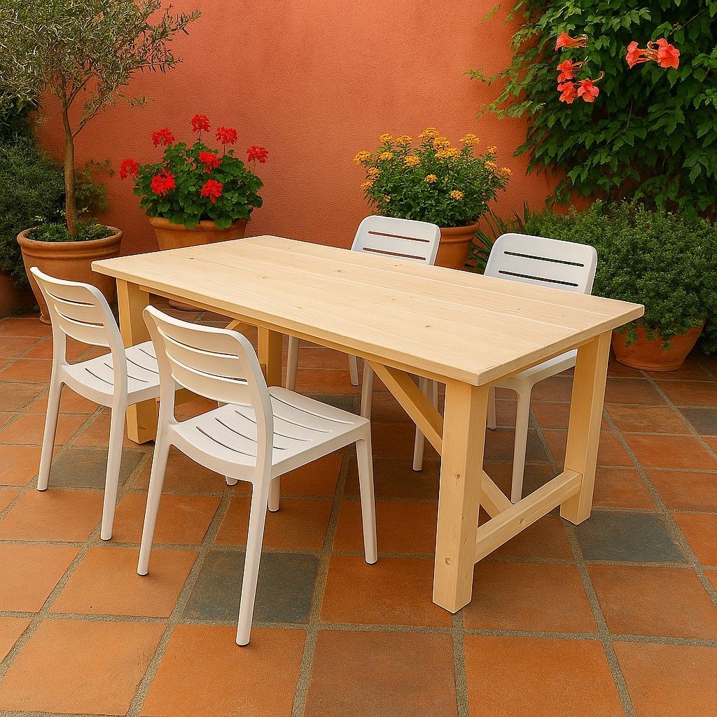 Steigerhouten tuintafel, geschikt voor tuin of terras, met stevige schoren.