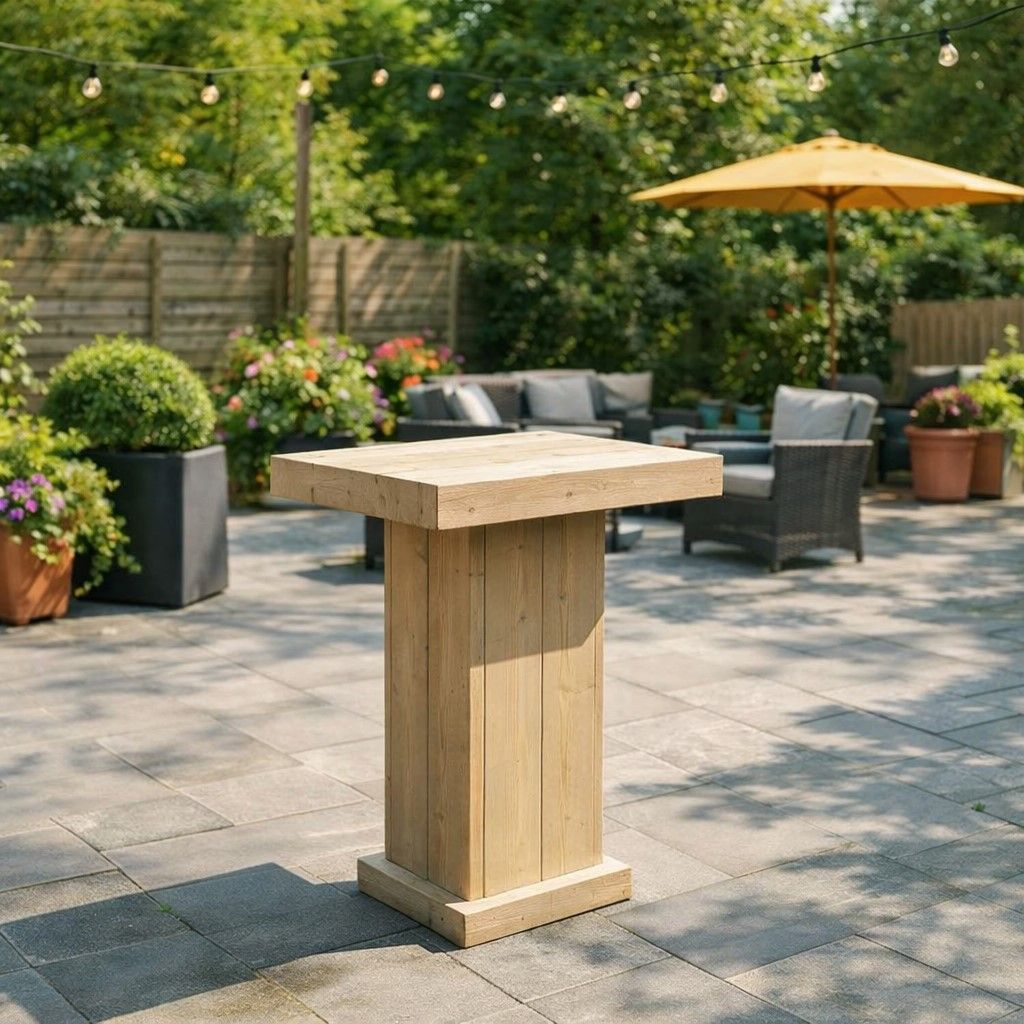Een houten tafel op een stenen terras met tuinmeubilair, potplanten en een gele parasol in een zonnige achtertuin.