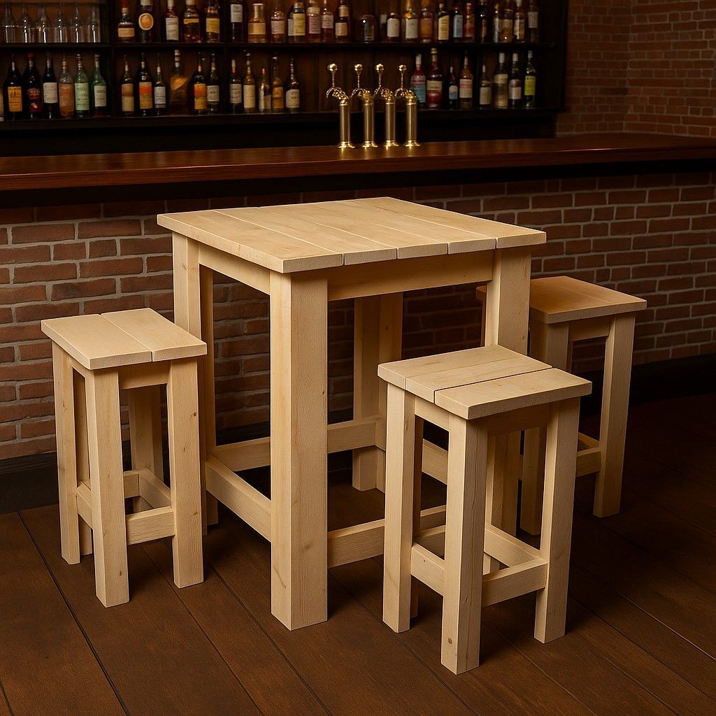 Steigerhouten bartafel met robuuste uitstraling, gemaakt van duurzaam steigerhout inclusief 3 krukken