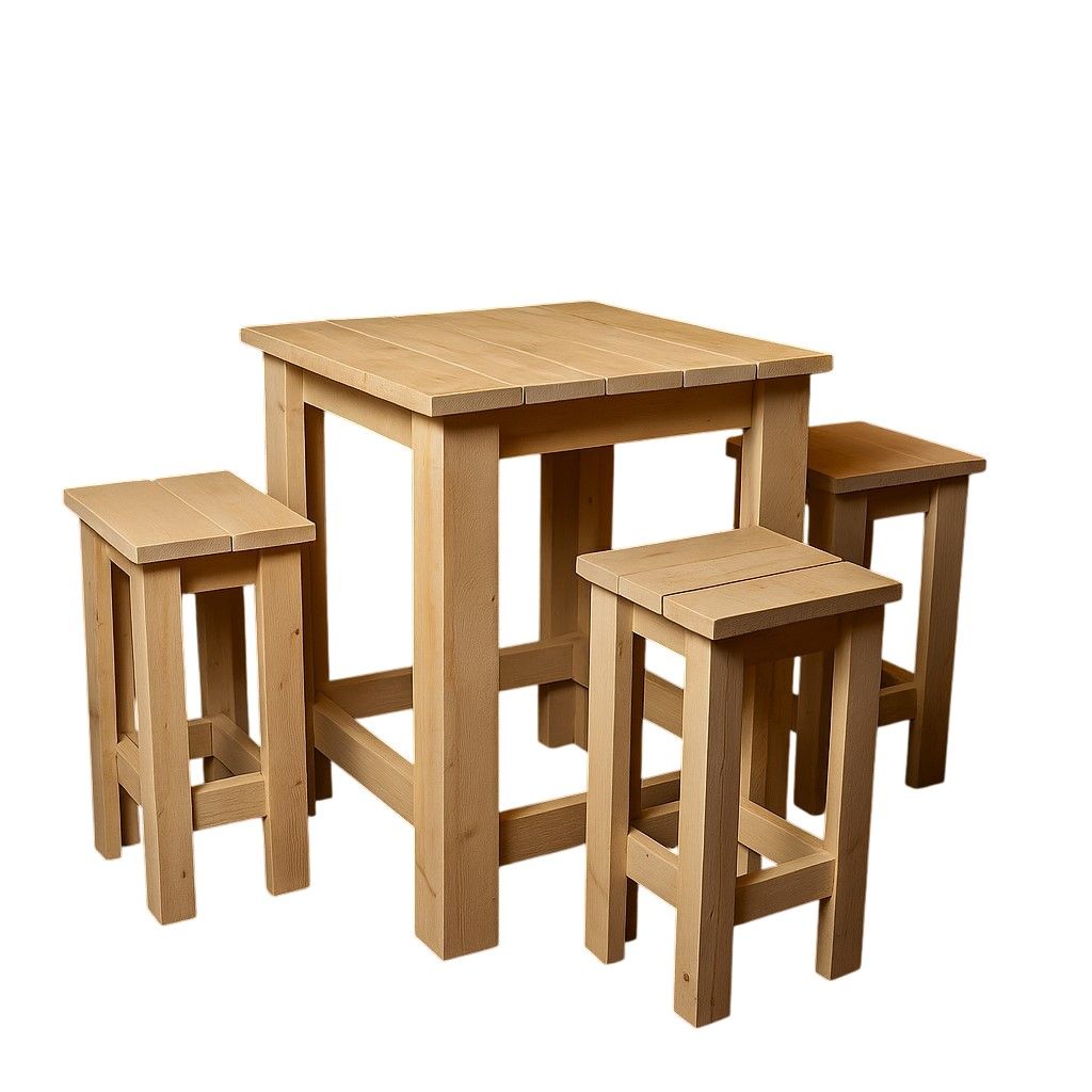 Steigerhouten bartafel met robuuste uitstraling, gemaakt van duurzaam steigerhout inclusief 3 krukken