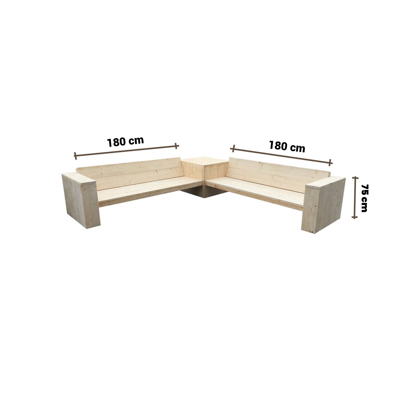 L-vormige lichtgekleurde steigerhout buitenbank. De beide delen hebben een zitting van 180cm en een brede leuning.