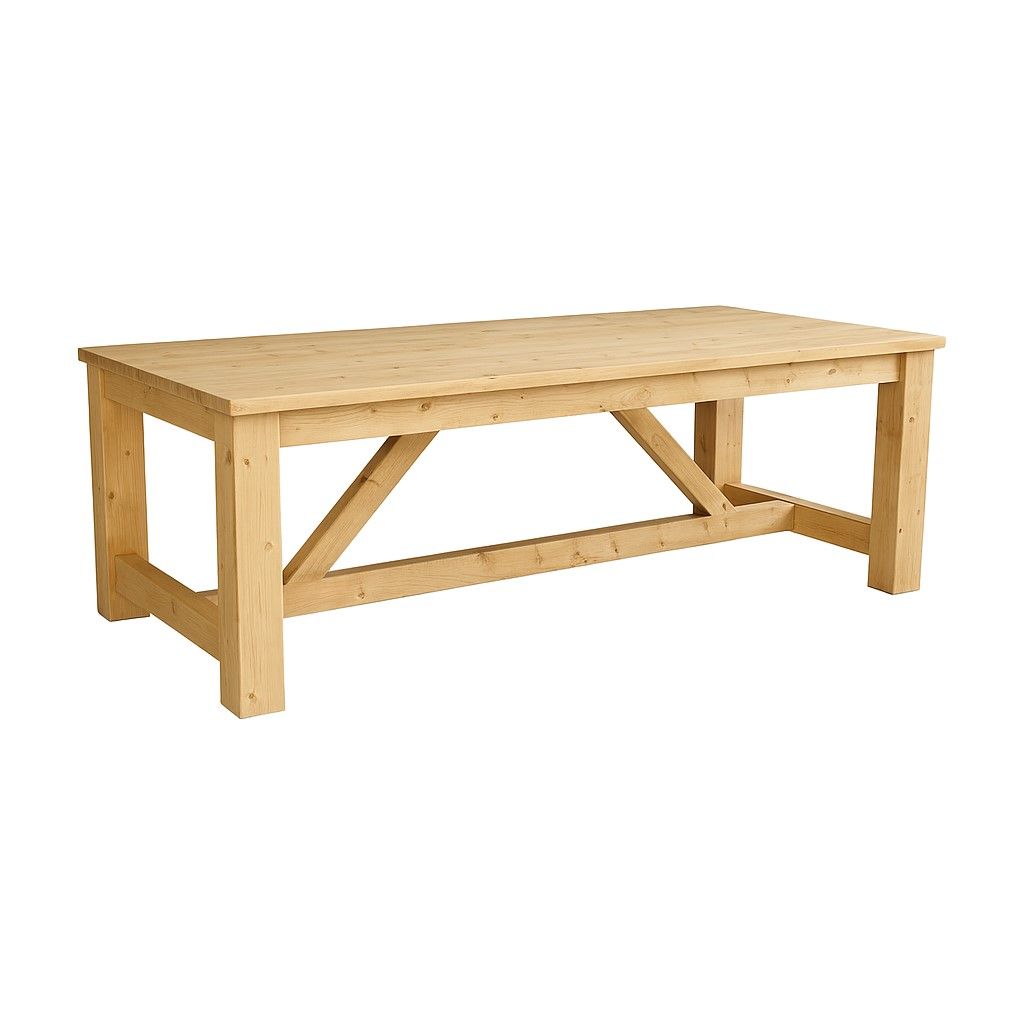 Steigerhouten kloostertafel met rechthoekig blad en kruisbalkconstructie onderaan, geschikt voor gebruik als eettafel of werktafel