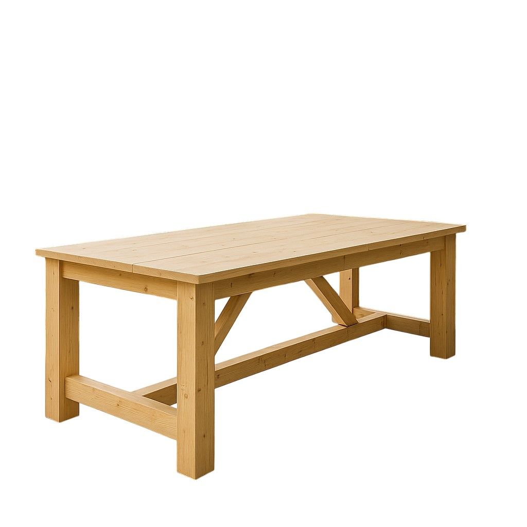 Steigerhouten kloostertafel met rechthoekig blad en kruisbalkconstructie onderaan, geschikt voor gebruik als eettafel of werktafel