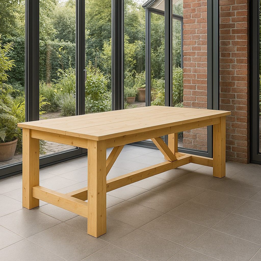 Steigerhouten kloostertafel met rechthoekig blad en kruisbalkconstructie onderaan, geschikt voor gebruik als eettafel of werktafel