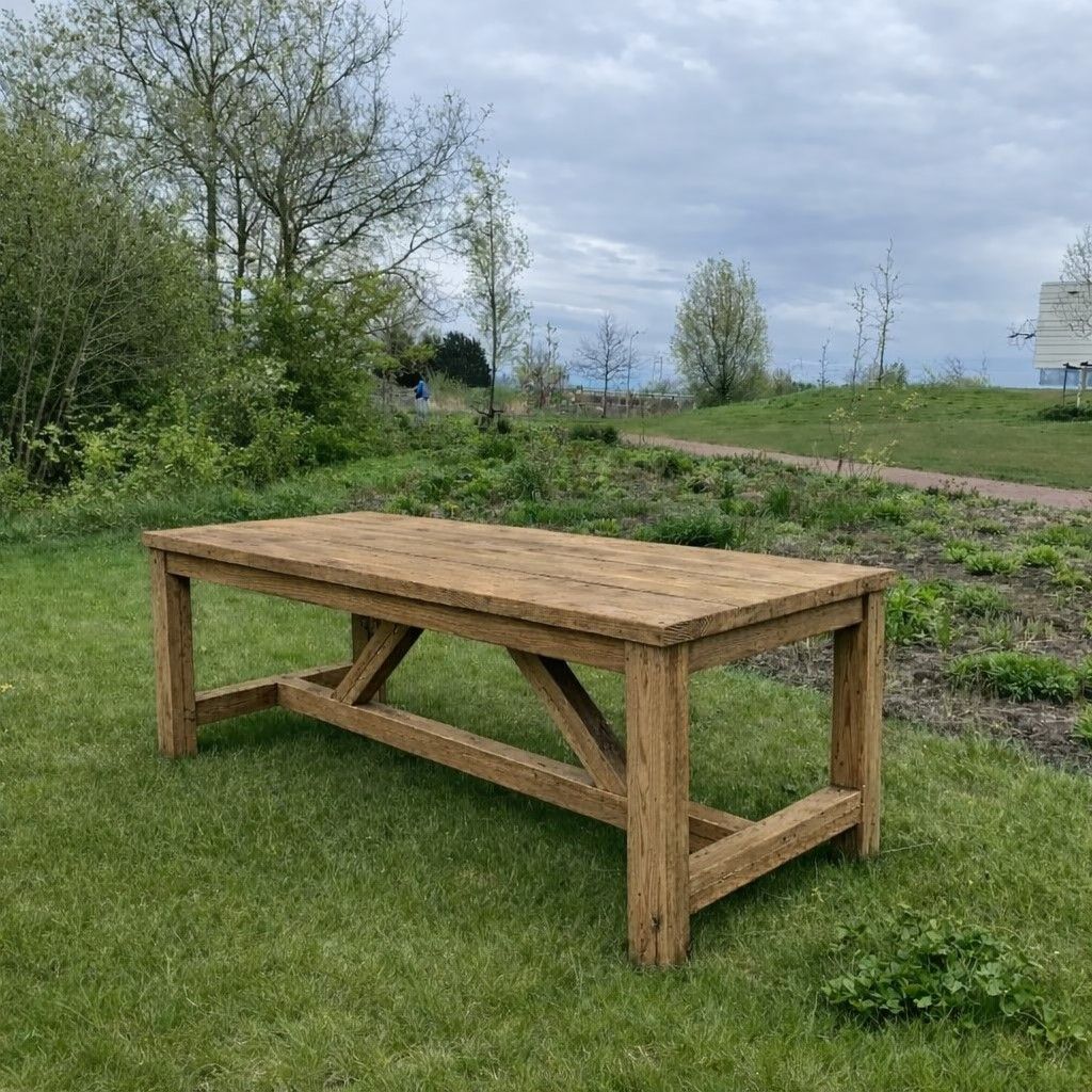 Houten picknicktafel op een grasveld naast bomen onder een bewolkte hemel.