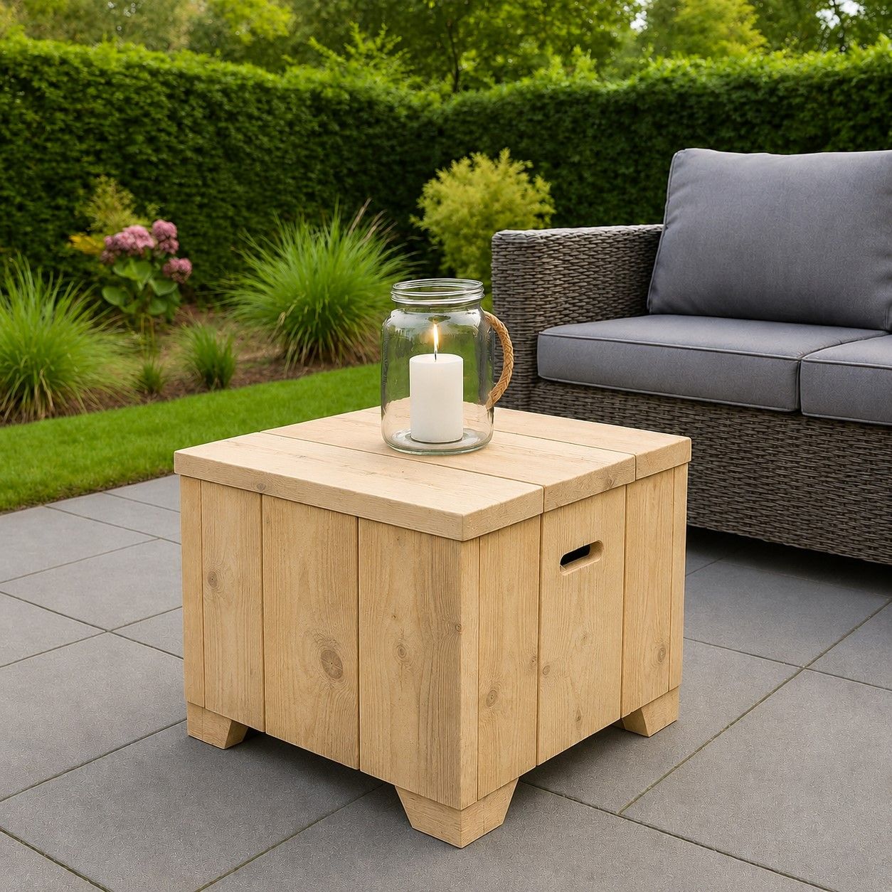 Houten bijzettafel met een kaars en een vaasje naast een grijze tuinbank in de tuin.
