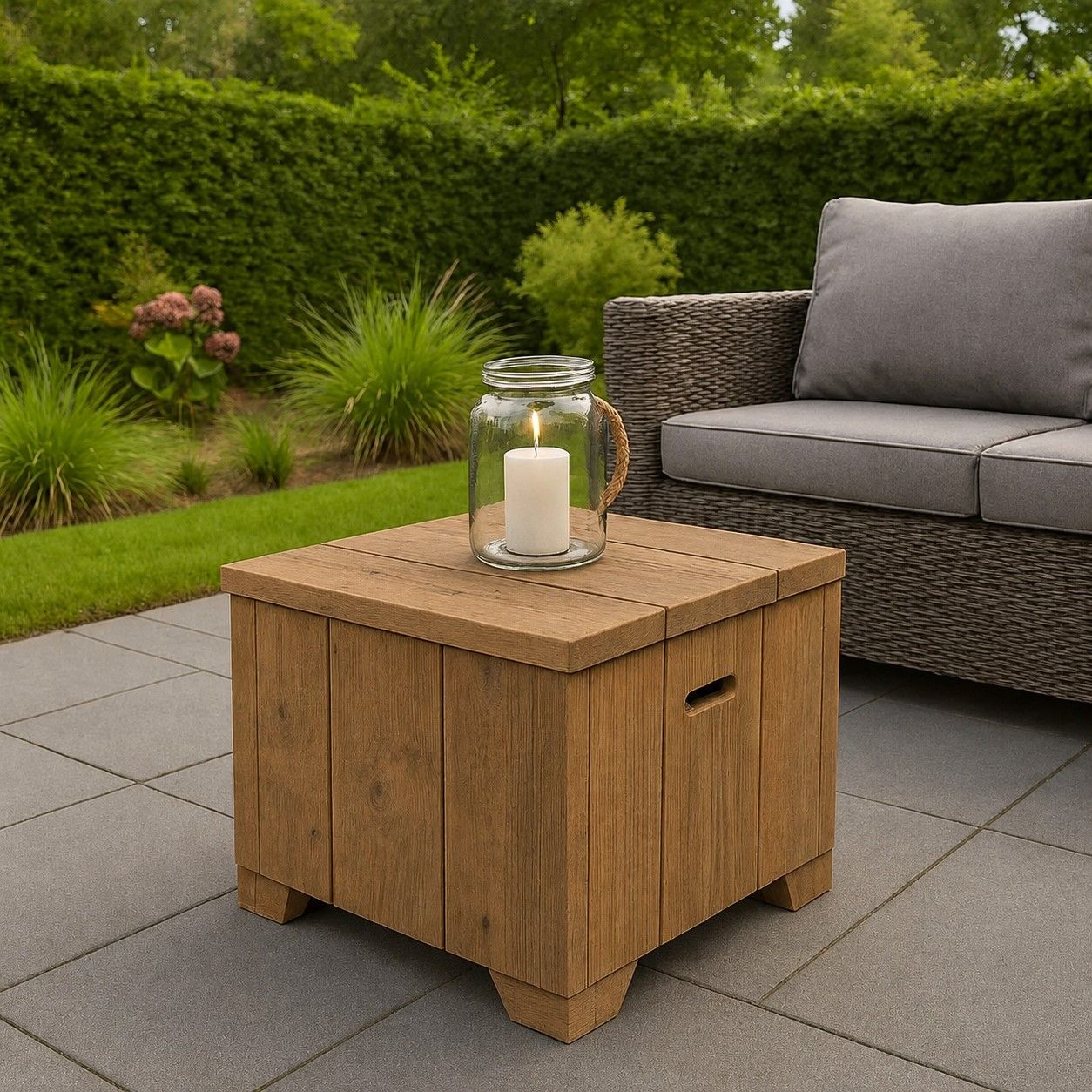 Bruin houten bijzettafel voor buiten met een kaars op een terras naast een grijze bank met een groene tuin op de achtergrond.