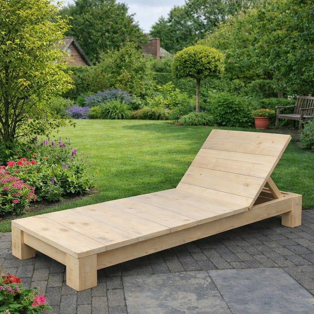 Houten ligbed op een betegeld terras in een groene tuin.