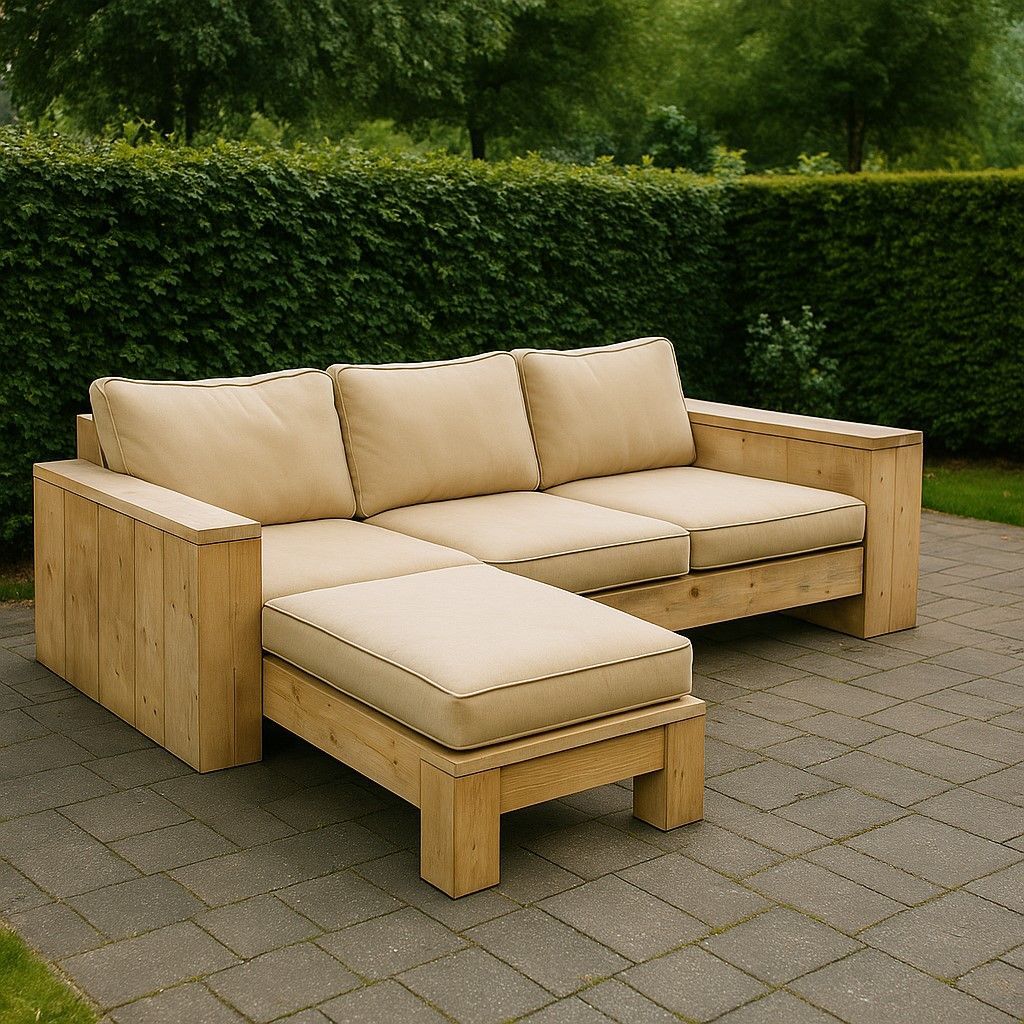 Steigerhouten loungebank met ligbed, geplaatst in een moderne tuinsetting.
