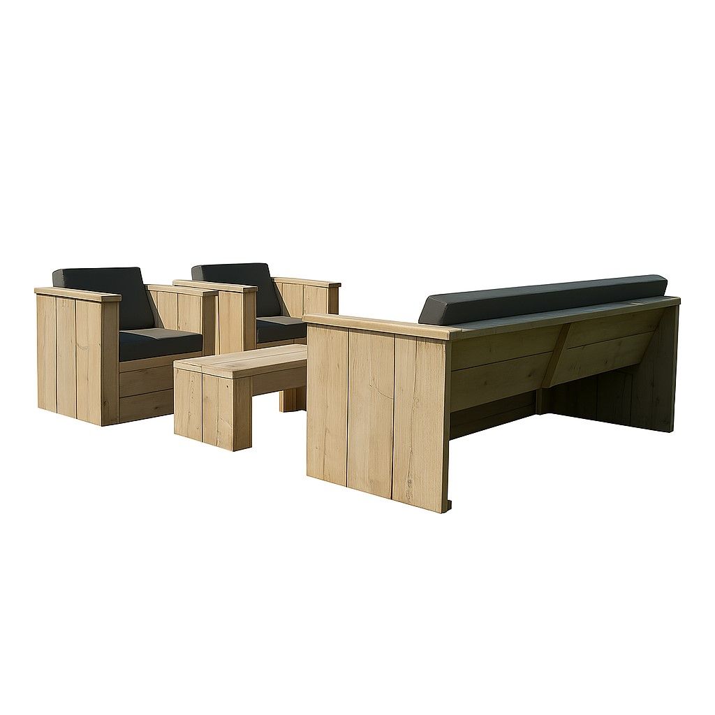 Steigerhouten tuin set met 1 bank en 2 stoelen en een tafel.