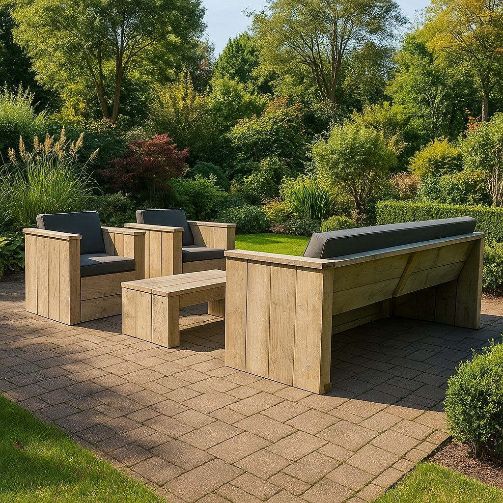 Steigerhouten hoekbank met bijpassende tafel, geplaatst in een moderne tuinsetting. 