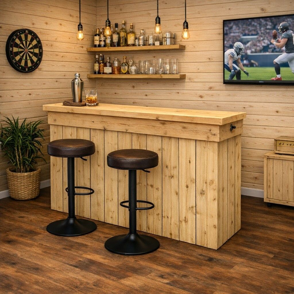 Stevige bar van steigerhout in een mancave omgeving met 2 barkrukken
