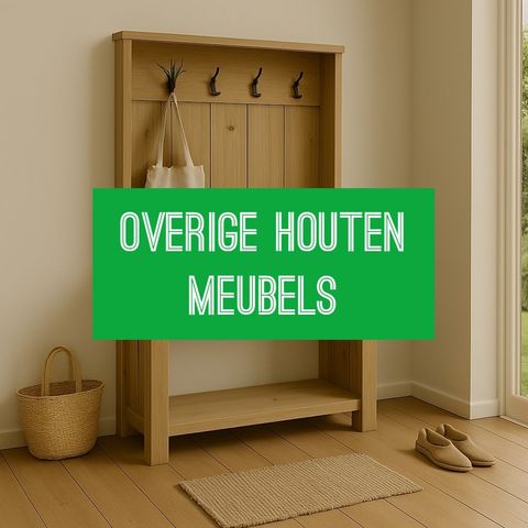 Eenvoudig vormgegeven steigerhouten meubelstukken, waaronder een wandrek en plantenstandaard, geplaatst tegen een lichte muur met rustige decoratie en natuurlijke accenten.