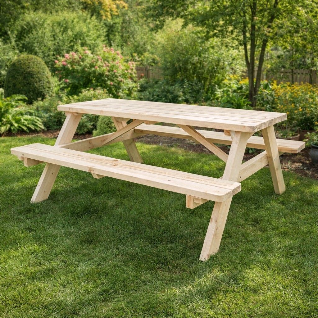 Houten picknicktafel op een grasveld met bomen en bloemen op de achtergrond.