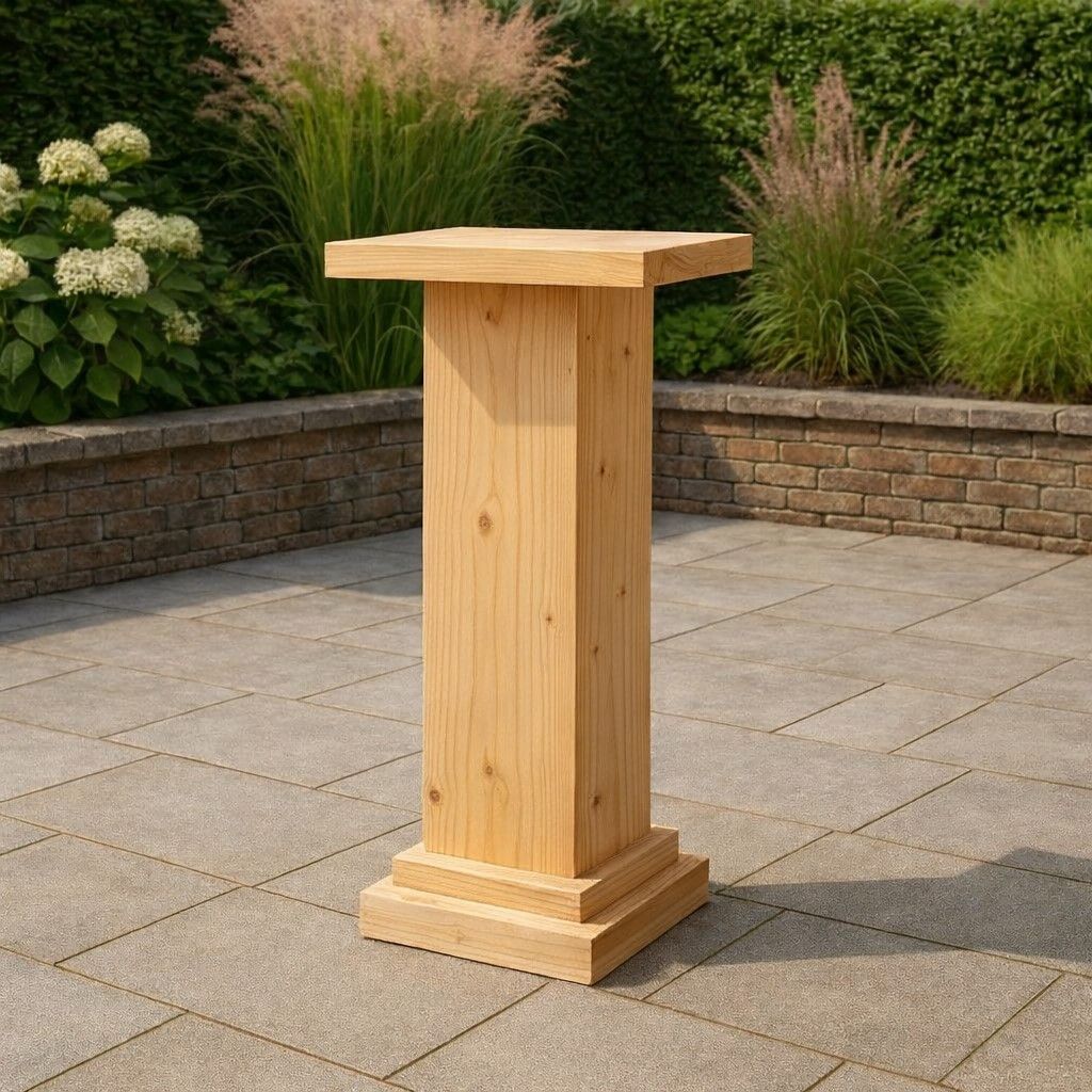 Houten pilaar op een stenen terras met aangelegde struiken op de achtergrond.