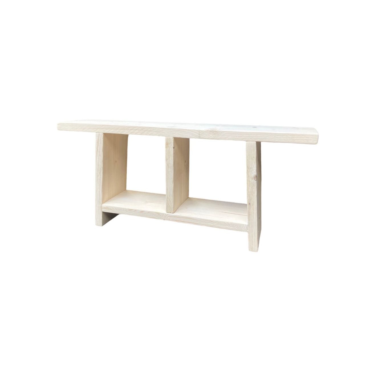 Steigerhouten sidetable Steigerhouten bank met vlak zitblad en twee open opbergvakken onderin