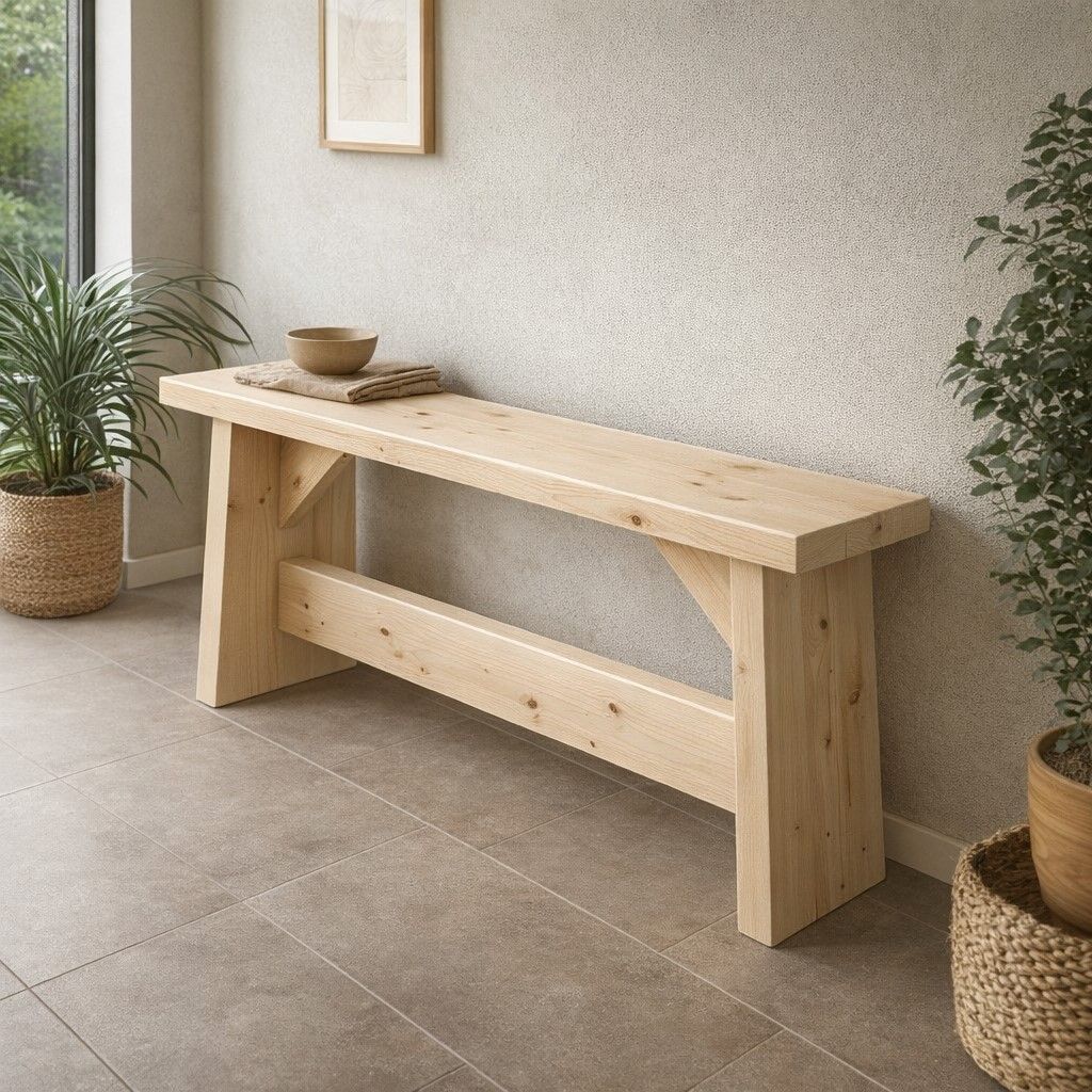Een lichte houten bank in een minimalistische kamer met potplanten en een ingelijste wanddecoratie.