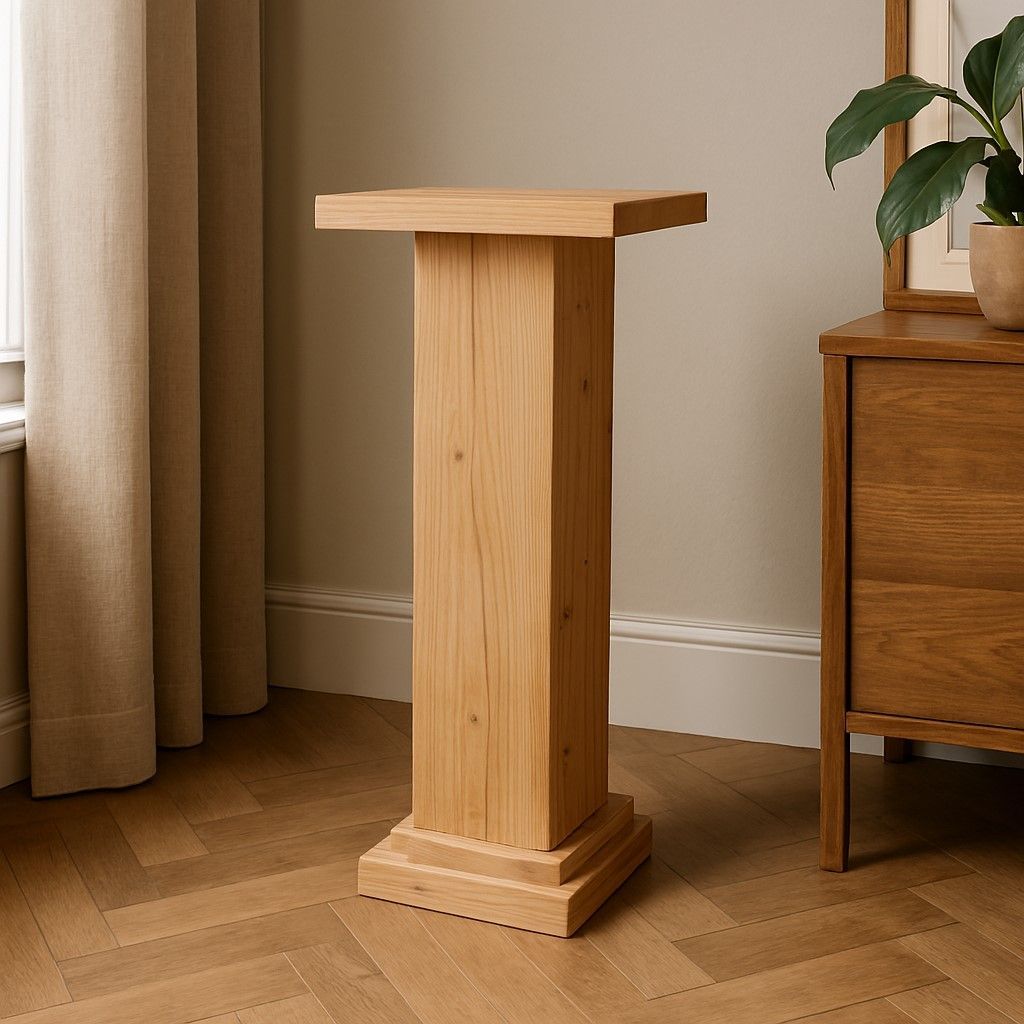 Steigerhouten pilaar in naturel kleur, geplaatst in een warme, moderne binnenruimte met houten vloer, beige gordijnen en groene kamerplant.